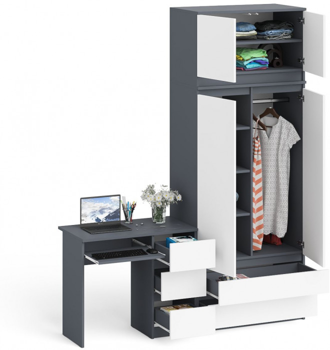 Мори компьютерный стол МС-6 правый + Шкаф МШ900.1 + Антресоль МА900.1, графит/белый
