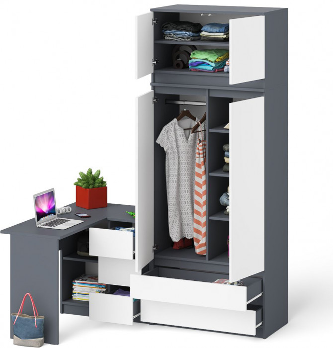 Мори Стол компьютерный МС-16 правый + Шкаф МШ900.1 + Антресоль МА900.1, цвет графит/белый, ШхГхВ 214,8х84,9х234,2 см., выдвиж. ящ. справа, НЕ ун. сб.