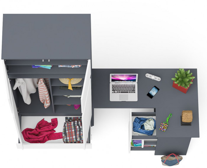 Мори Стол компьютерный МС-16 правый + Шкаф МШ900.1 + Антресоль МА900.1, цвет графит/белый, ШхГхВ 214,8х84,9х234,2 см., выдвиж. ящ. справа, НЕ ун. сб.