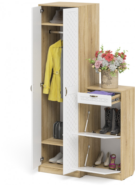 Прихожая П-6 Компоновка № 16, дуб сонома/фасады МДФ белое дерево фрезеровка ромб