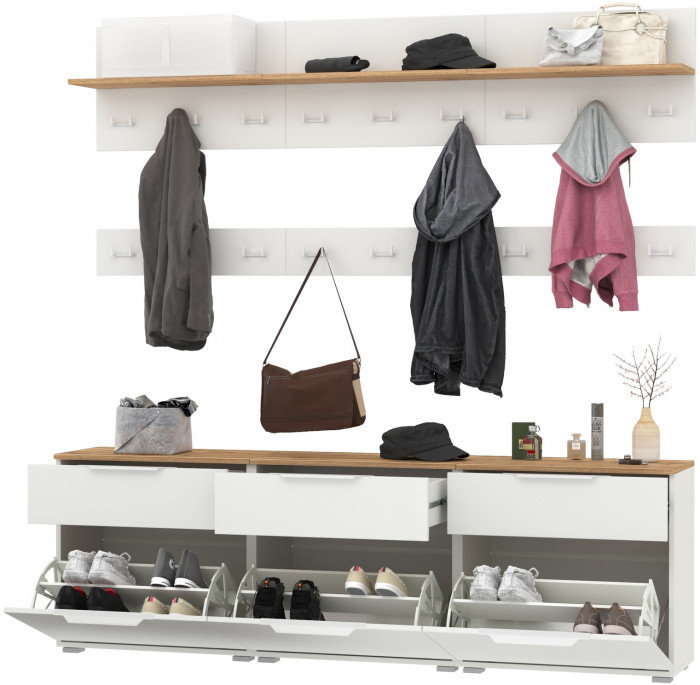 Октава Прихожая 08, белый шагрень/дуб крафт золотой/фасады МДФ белый шагрень