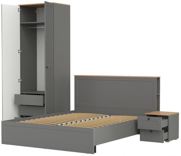 Остин 11.53 Кровать + ортопед + 13.336.02 Шкаф для одежды + 16.152 Тумба прикроватная, серый графит/дуб крафт золотой