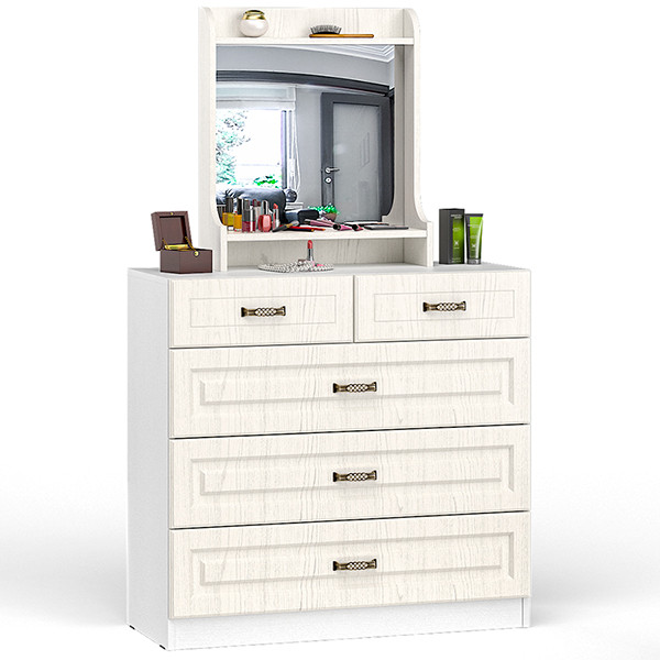 Ливерпуль Комод 10.103 + Полка 10.118 с зеркалом, ясень ваниль/белый