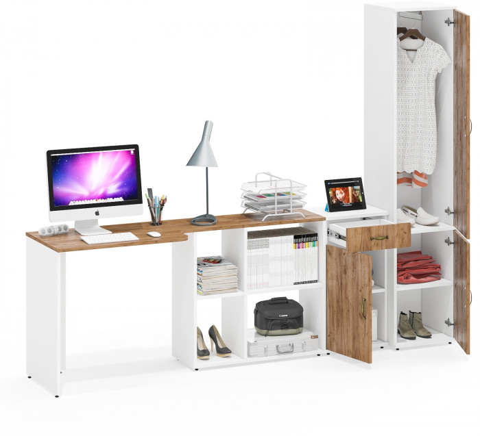 Лидер-8 Стол + Тумба МД 3.15 + Пенал МД 21Б, белый шагрень/крафт золото