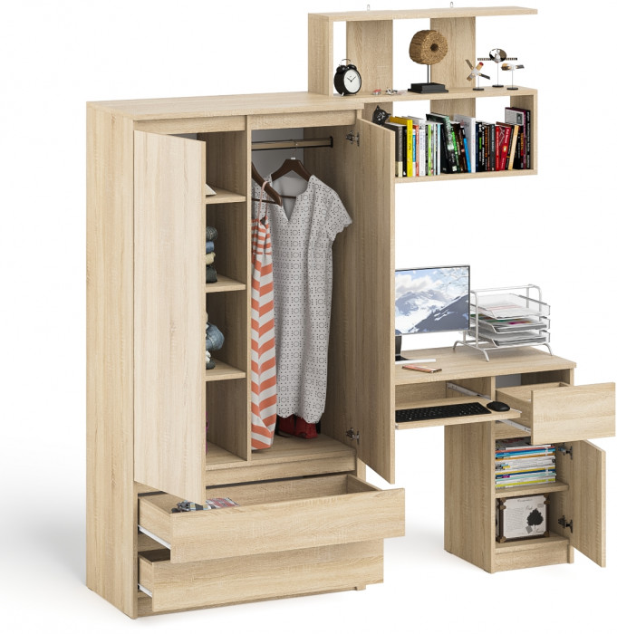 Мори компьютерный стол МС-1 правый + Шкаф МШ900.1 + Полка 900, дуб сонома