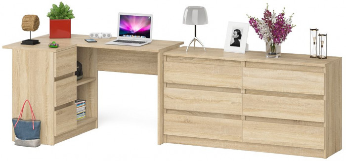 Мори Стол компьютерный МС-16 левый + Комод МК1380.6, цвет дуб сонома, ШхГхВ 262,4х84,9х76,6 см., выдвижные ящики слева, НЕ универсальная сборка