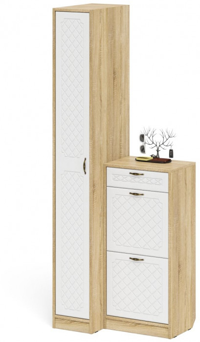 Прихожая П-6 Компоновка № 42, дуб сонома/фасады МДФ белое дерево фрезеровка ромб