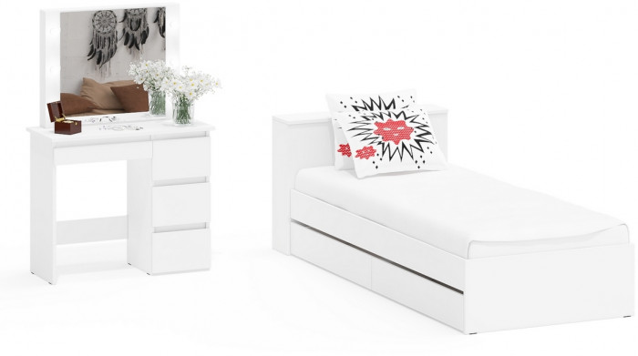 Ксения Кровать с ящиками 0900 + Стол косметический с подсветкой Сура, белый