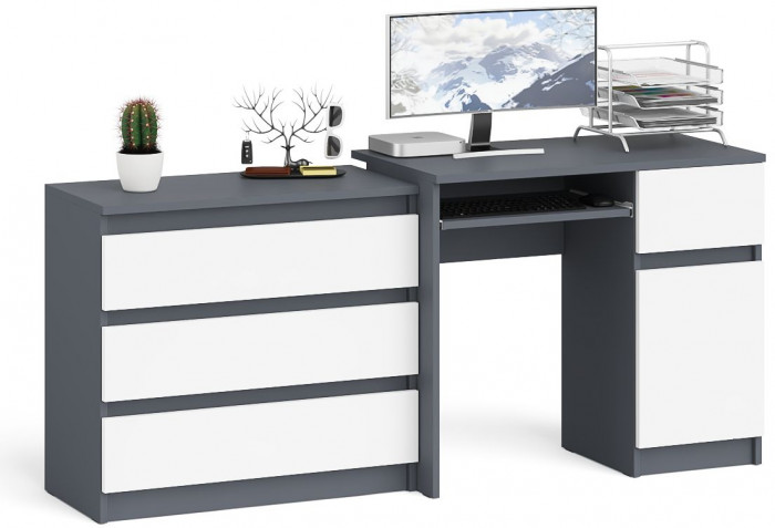 Мори компьютерный стол МС-1 правый + Комод МК800.1, графит/белый