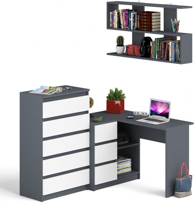 Мори компьютерный стол МС-16 левый + Комод МК700.5 + Полка 1200, графит/белый