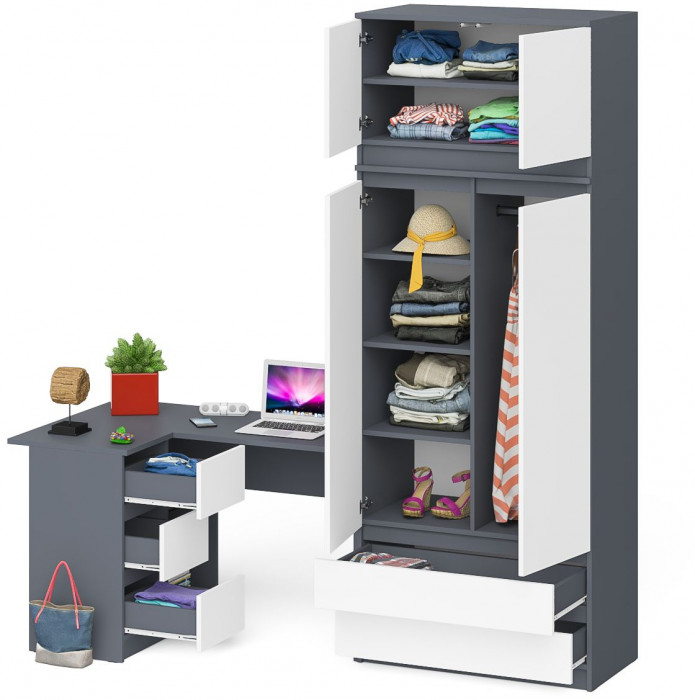 Мори компьютерный стол МС-16 левый + Шкаф МШ900.1 + Антресоль МА900.1, графит/белый