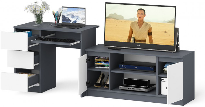 Мори компьютерный стол МС-6 левый + Тумба МТВ1200.1, графит/белый