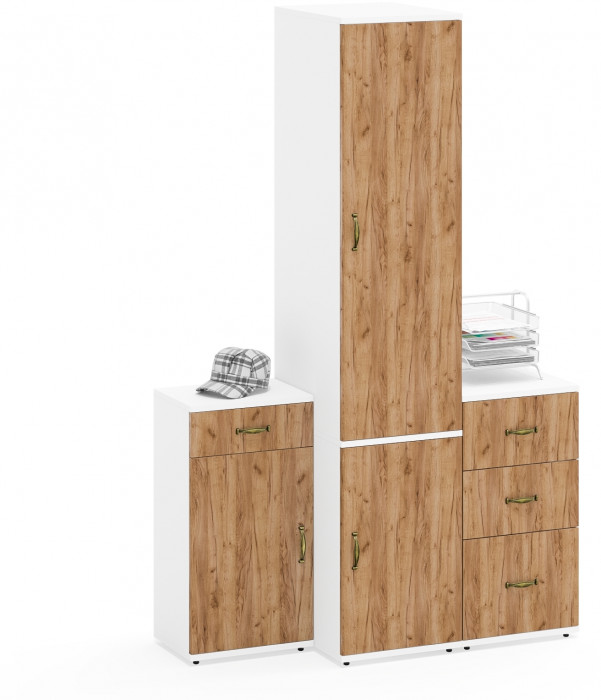 Лидер-8 Пенал МД 23Б + Тумба МД 3.15 + Тумба МД 3.16, цвет белый шагрень/крафт золото, ШхГхВ 120х50х190 см., универсальная сборка