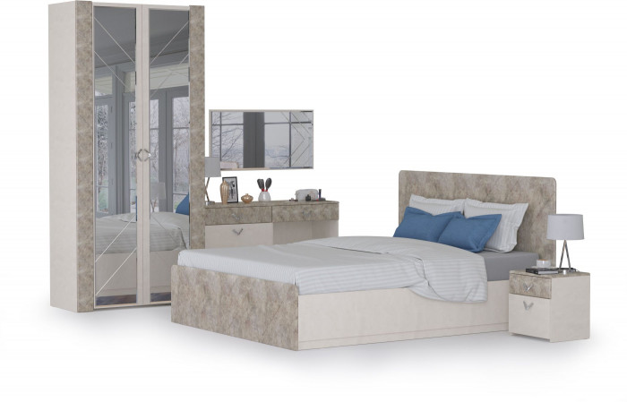 Амели Спальня № 8 Комод 13.106 + Стол туалетный + Зеркало + Шкаф 13.133 + Кровать 11.31 + под. ортопед + Тумбочка, 1600х2000 мм, б/м