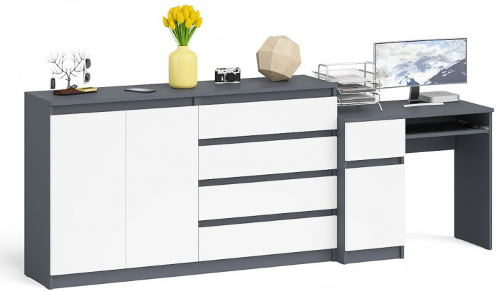 Мори компьютерный стол МС-1 левый + Комод МК1600.1, графит/белый