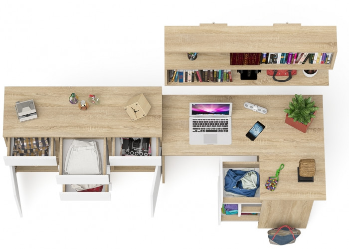 Мори компьютерный стол МС-16 правый + Комод МК1200.4 + Полка 1200, дуб сонома/белый