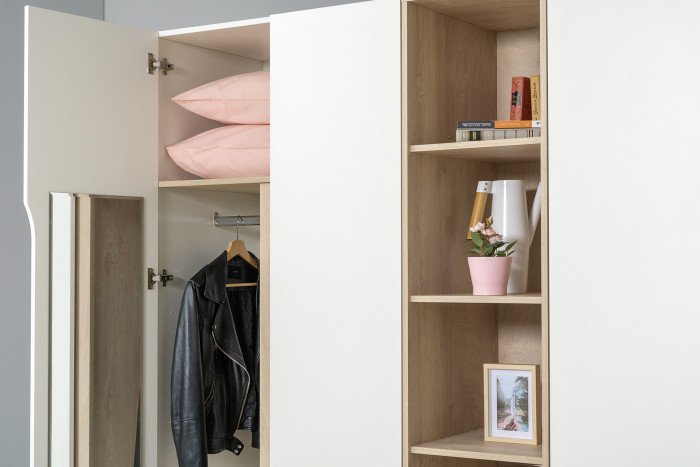 Муссон 13.198 Шкаф + 13.349 Стеллаж + 13.97 Комод + Зеркало СВК, белый/дуб эндгрейн элегантный