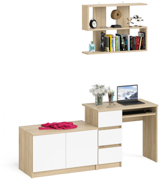 Мори Стол компьютерный МС-6 левый + Тумба МА900.1 + Полка 900, цвет дуб сонома/белый, ШхГхВ 180,4х50,4х209,6 см., НЕ универсальная сборка