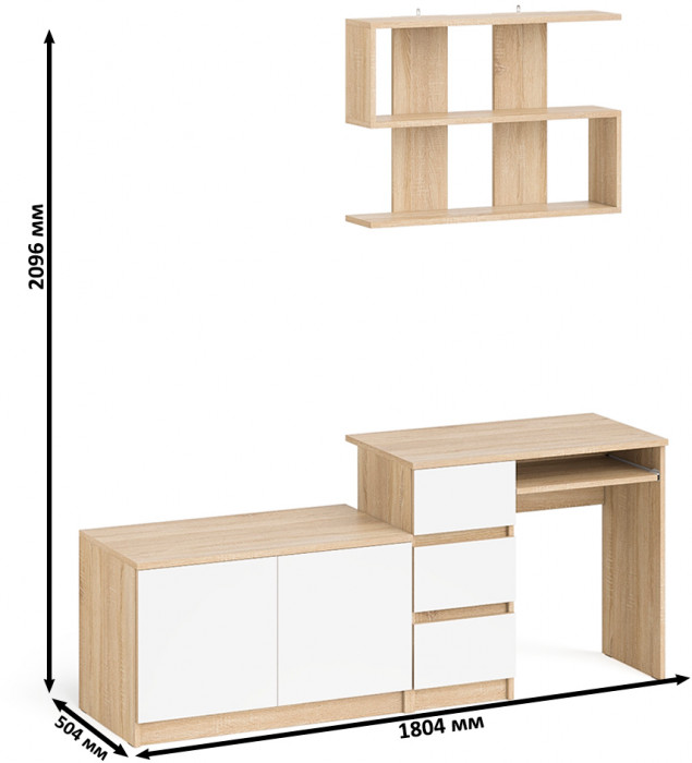 Мори Стол компьютерный МС-6 левый + Тумба МА900.1 + Полка 900, цвет дуб сонома/белый, ШхГхВ 180,4х50,4х209,6 см., НЕ универсальная сборка