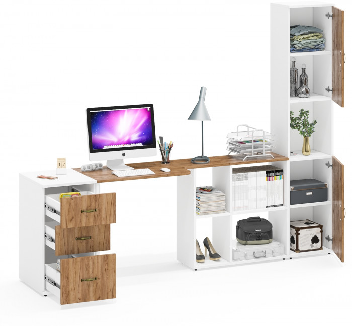 Лидер-8 Стол + Тумба МД 3.16 + Пенал, белый шагрень/крафт золото