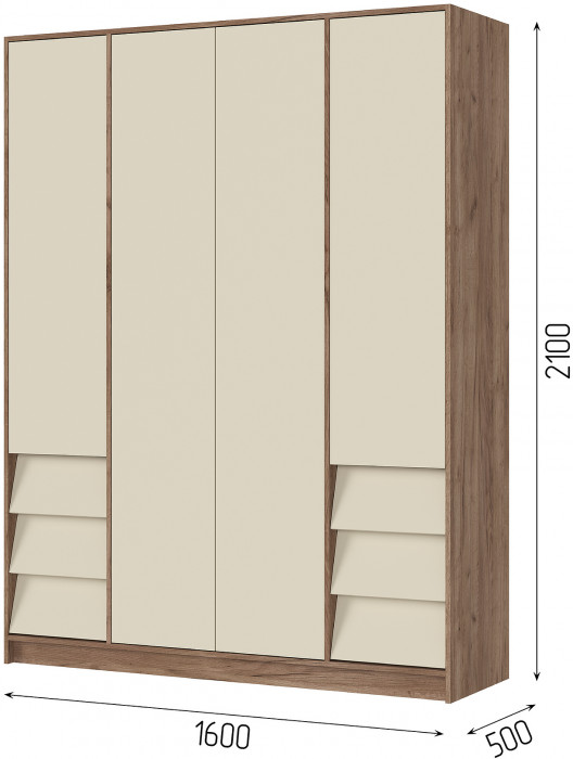 РЕЙН ШК 03 Шкаф 4-х створчатый (1600х2100х500) Фасад КАШЕМИР/Корпус ДУБ КРАФТ ТАБАЧНЫЙ