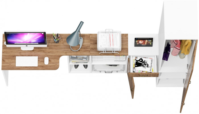 Лидер-8 Стол + Тумба МД 3.15 + Пенал МД 23Б, белый шагрень/крафт золото