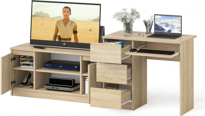 Мори компьютерный стол МС-6 левый + Тумба МТВ1200.1, дуб сонома
