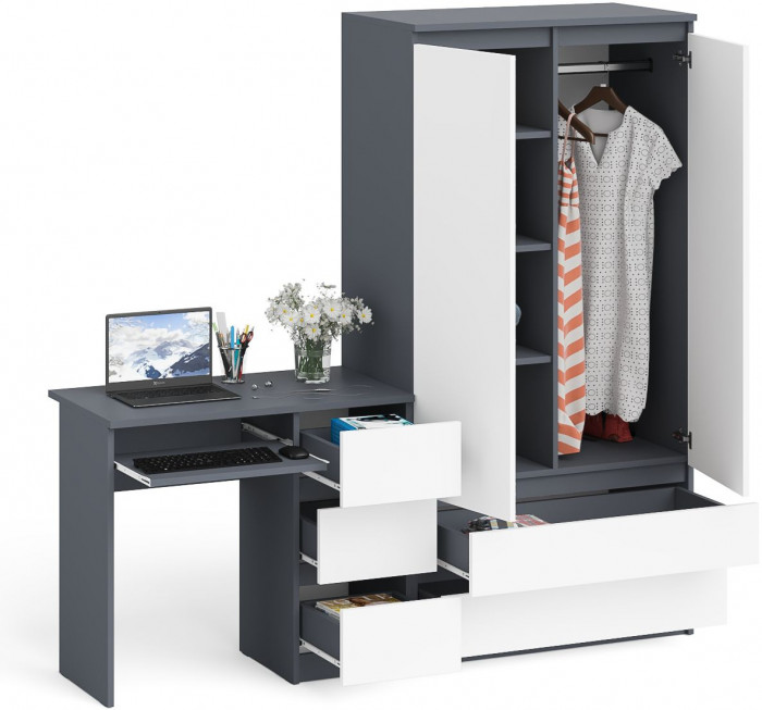 Мори компьютерный стол МС-6 правый + Шкаф МШ900.1, графит/белый