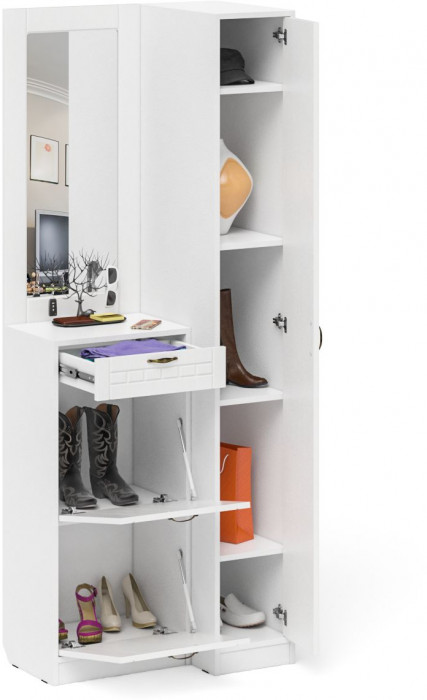 Прихожая П-6 Компоновка № 43, цвет белая шагрень/фасады МДФ белое дерево фрезеровка прованс, ШхГхВ 80х50х210 см., универсальная сборка