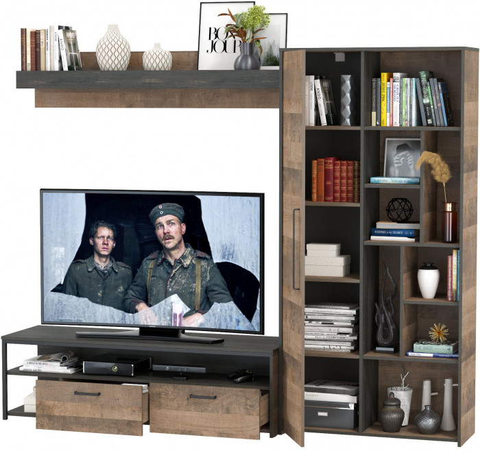 Трувор 13.70 Тумба под ТВ + 13.206 Шкаф-стеллаж + 15.60 Полка, дуб гранж песочный/интра