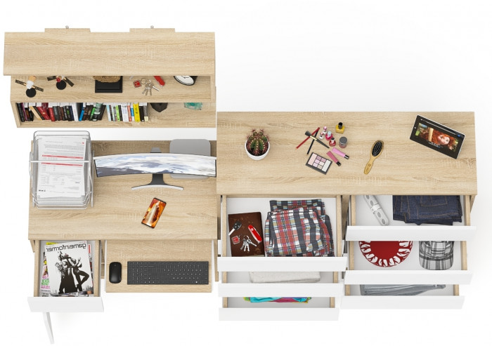 Мори компьютерный стол МС-1 левый + Комод МК1200.10 + Полка 900, дуб сонома/белый