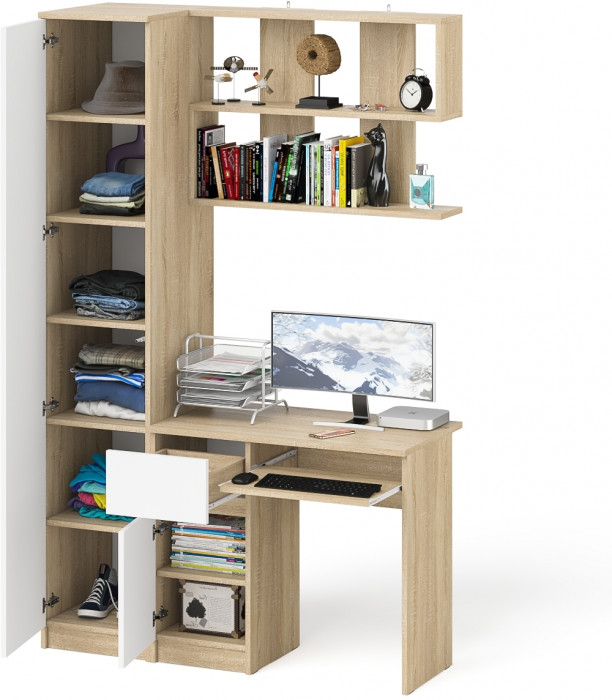 Мори компьютерный стол МС-1 левый + Пенал МШ400.1 + Полка 900, дуб сонома/белый