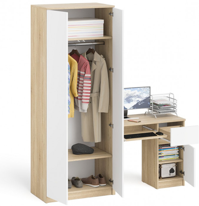 Мори компьютерный стол МС-1 правый + Шкаф МШ800.1, дуб сонома/белый