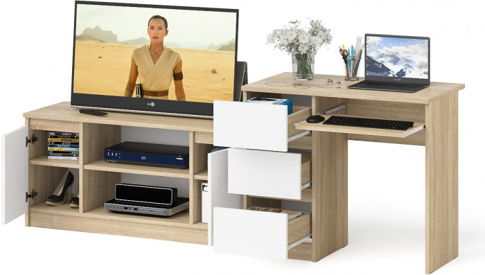 Мори компьютерный стол МС-6 левый + Тумба МТВ1200.1, дуб сонома/белый