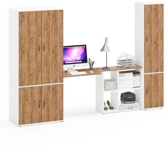 Лидер-8 Шкаф МД 19Б + Стол + Пенал 22Б, цвет белый шагрень/крафт золото, ШхГхВ 285х50/37,5х75/190 или 195х120х75/190 см., НЕ ун.сб.