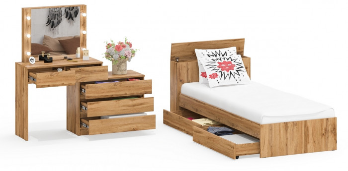 Ксения Кровать с ящиками 0900 + Стол косметический с подсветкой 110, дуб вотан
