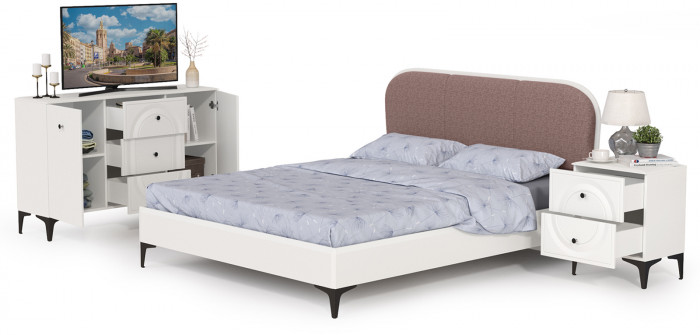 Валенсия Спальня № 04, цвет ЛДСП белый шагрень/МДФ белый шагрень/ткань велутто 19, ортопед есть, сп. м. 1600х2000 мм., б/м