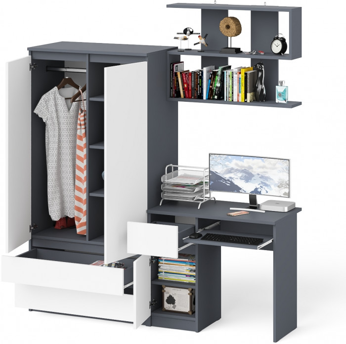 Мори компьютерный стол МС-1 левый + Шкаф МШ900.1 + Полка 900, графит/белый
