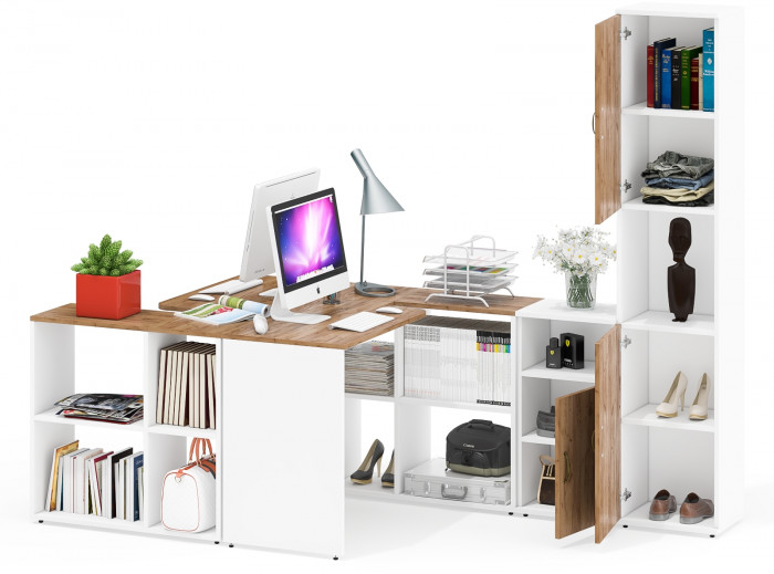 Лидер-8 Стол + Стол + Пенал + Тумба МД 3.19, цвет белый шагрень/крафт золото, ШхГхВ 410х50/30х75/190 см. или 230х50/160х75/190 см., НЕ универс. сборка