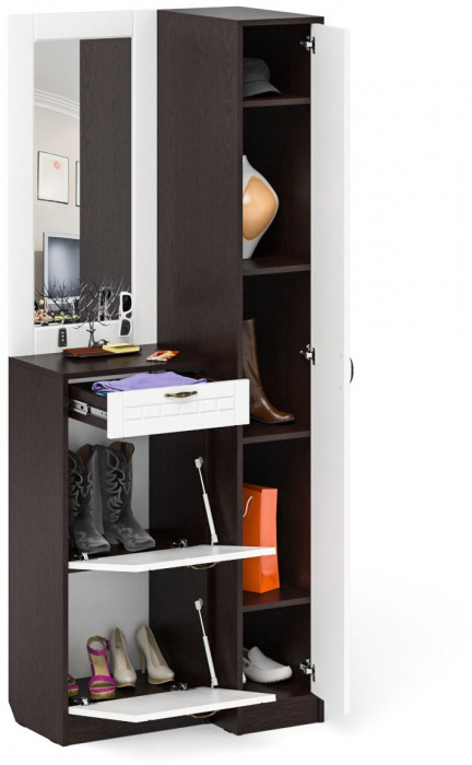 Прихожая П-6 Компоновка № 43, венге/фасады МДФ белое дерево фрезеровка прованс