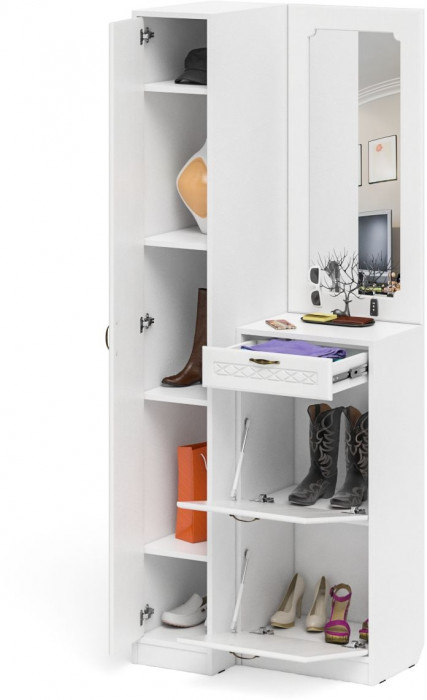 Прихожая П-6 Компоновка № 43, цвет белая шагрень/фасады МДФ белое дерево фрезеровка ромб, ШхГхВ 80х50х210 см., универсальная сборка