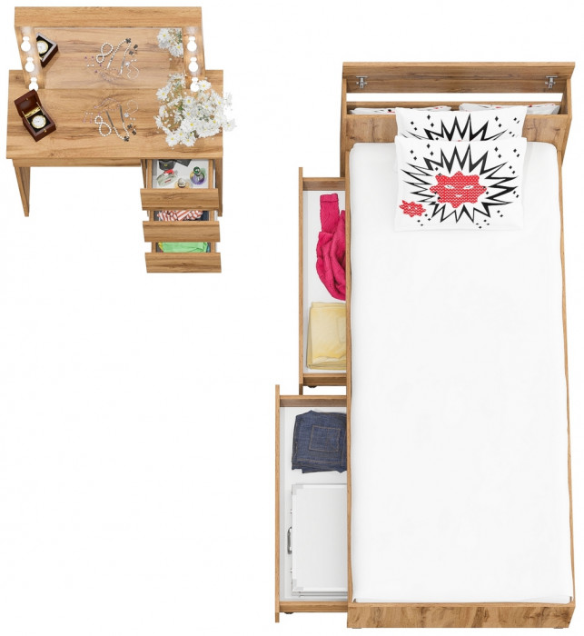 Ксения Кровать с ящиками 0900 + Стол косметический с подсветкой Сура, дуб вотан