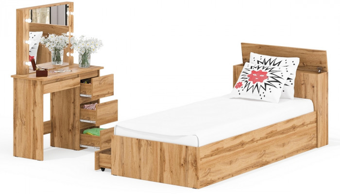 Ксения Кровать с ящиками 0900 + Стол косметический с подсветкой Сура, дуб вотан