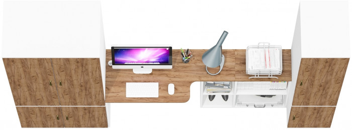 Лидер-8 Шкаф МД 19Б + Стол + Пенал 23Б, цвет белый шагрень/крафт золото, ШхГхВ 285х50/37,5х75/190 или 195х120х75/190 см., НЕ ун.сб.