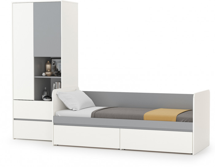 Торонто 11.39 Кровать + 13.333 Шкаф для одежды, цвет белый шагрень/стальной серый, ШхГхВ 274х84,4х195,7 см., сп. м. 800х1900 мм., б/м, основание есть