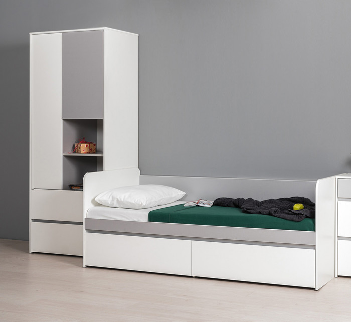 Торонто 11.39 Кровать + 13.333 Шкаф для одежды, цвет белый шагрень/стальной серый, ШхГхВ 274х84,4х195,7 см., сп. м. 800х1900 мм., б/м, основание есть