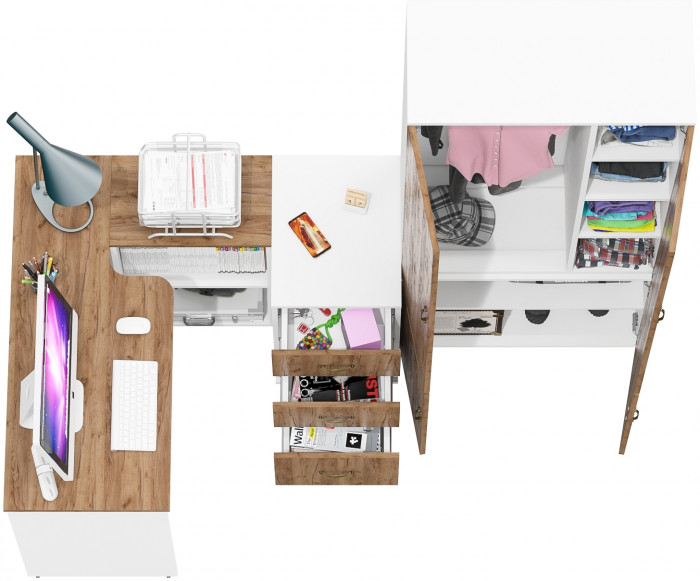 Лидер-8 Стол + Тумба МД 3.16 + Шкаф МД 20Б, белый шагрень/крафт золото