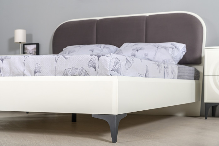 Валенсия Спальня № 12, цвет ЛДСП белый шагрень/чёрный/МДФ белый шагрень/ткань велутто 19, ортопед есть, сп. м. 1600х2000 мм., б/м