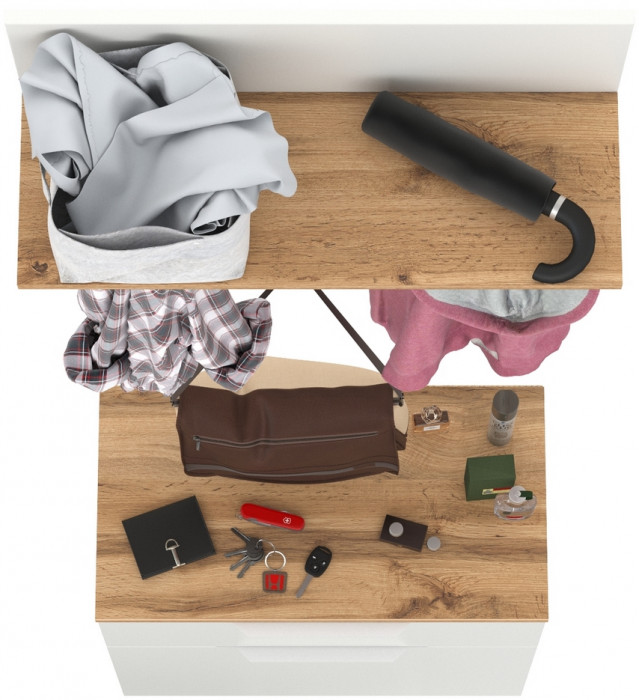 Октава 16.127 Тумба для обуви + 15.14.01 Вешалка + 15.14.02, цвет белый шагрень/дуб крафт золотой/фасады МДФ белый шагрень, ШхГхВ 64,9х35,4х197 см.