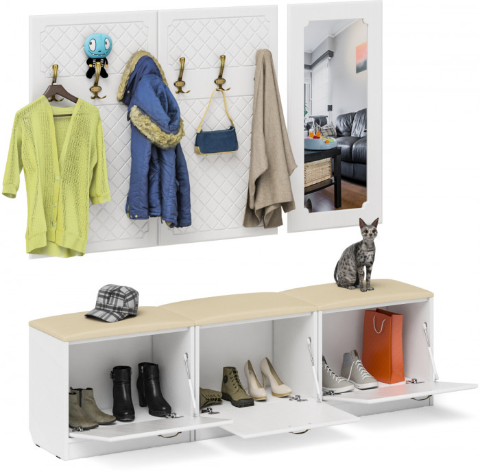 Прихожая П-6 Компоновка № 03, цвет белая шагрень/фасады МДФ белое дерево фрезеровка ромб, ШхГхВ 180х35х200 см., универсальная сборка